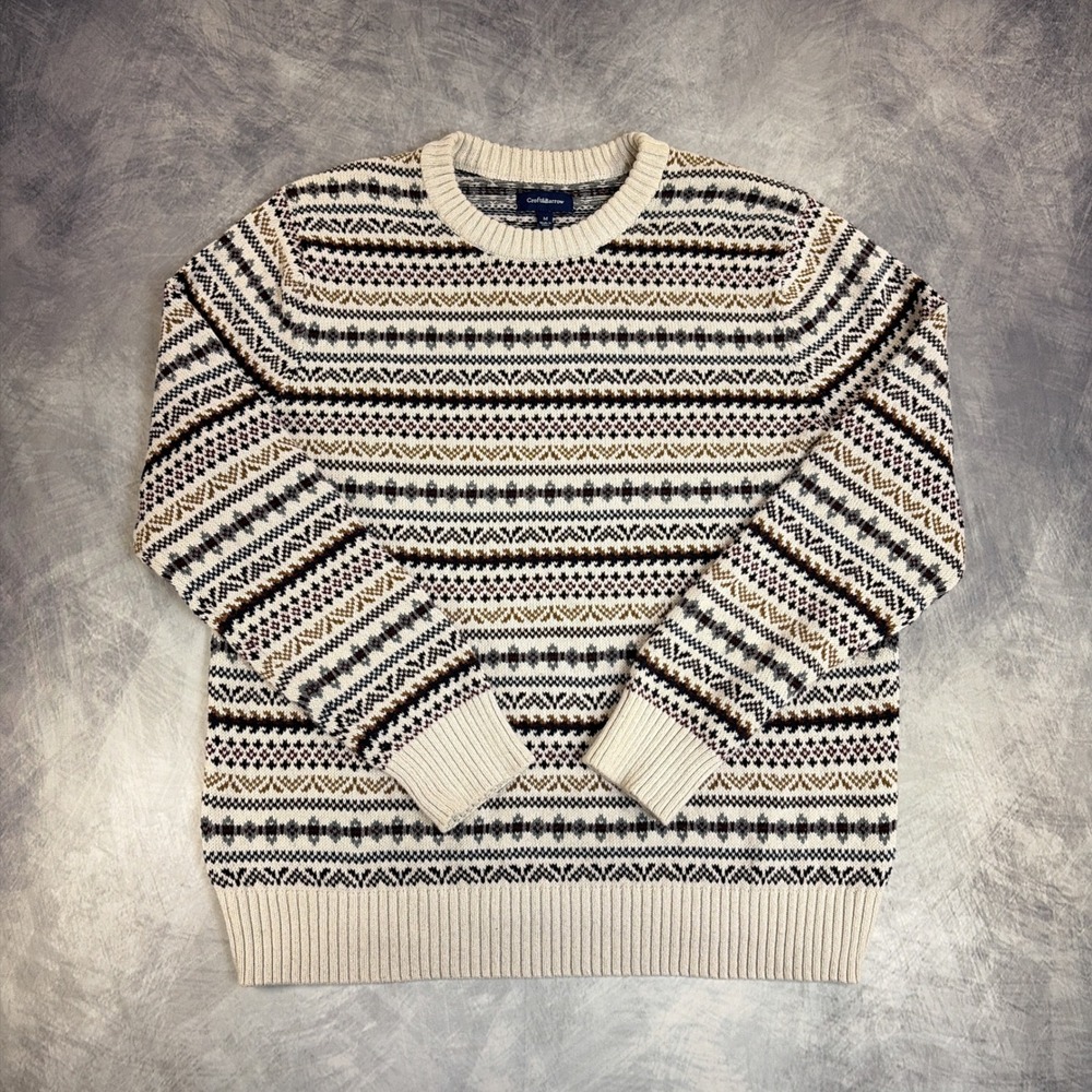 Croft & Barrow Sweater Mens M Cream Fair Isle Cotton Knit Crewneck Long Sleeve
